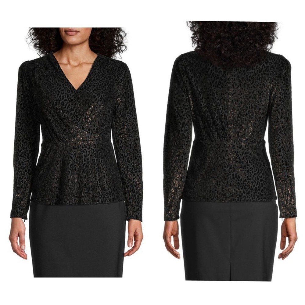 Elie Tahari Amit Velvet Jacquard Metallic Peplum Blouse Black  Leopard Sz 2 NWOT